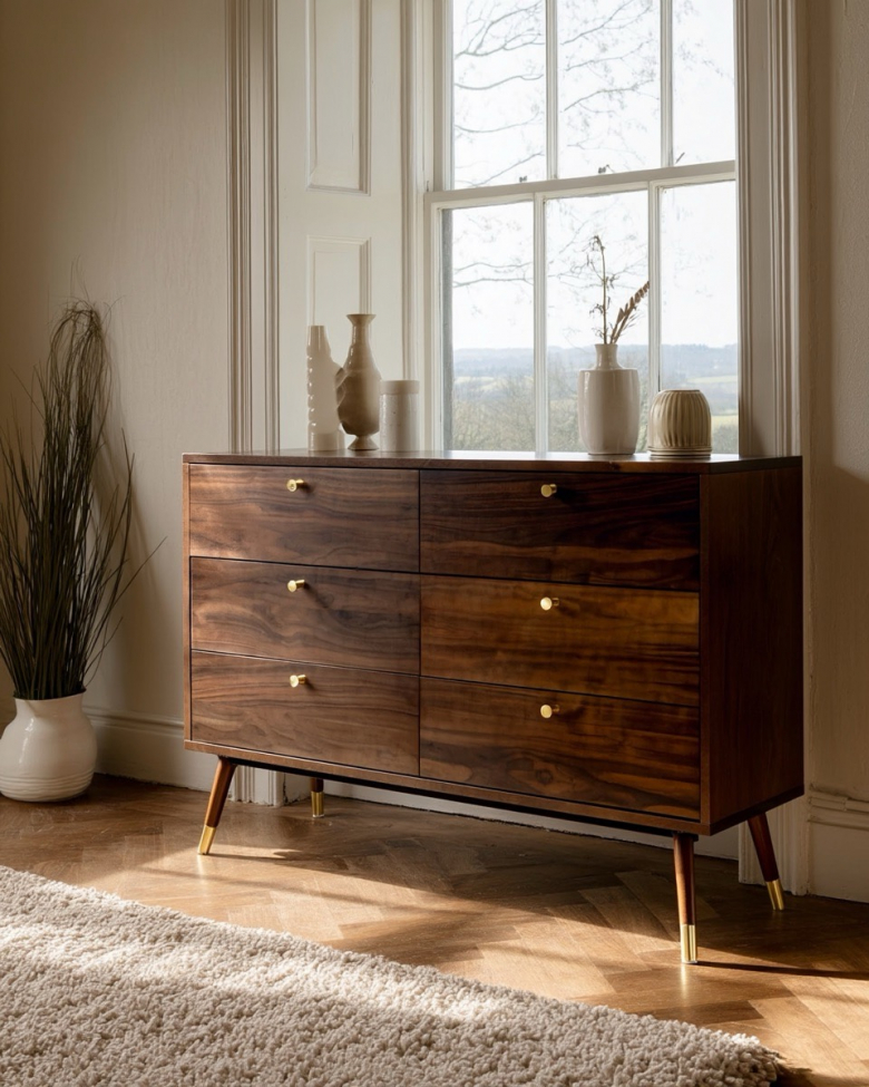 Kommode 'Prime' 6 Schubladen - Walnuss/Messing