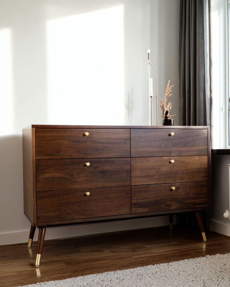 Kommode 'Prime' 6 Schubladen - Walnuss/Messing
